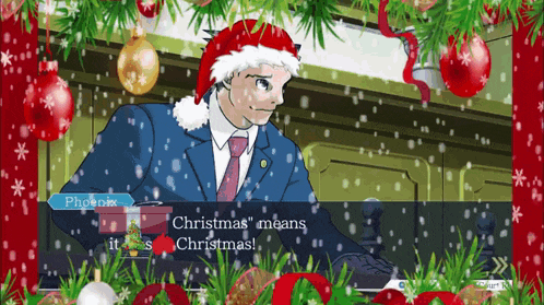 phoenix is wearing a santa hat and saying " christmas "