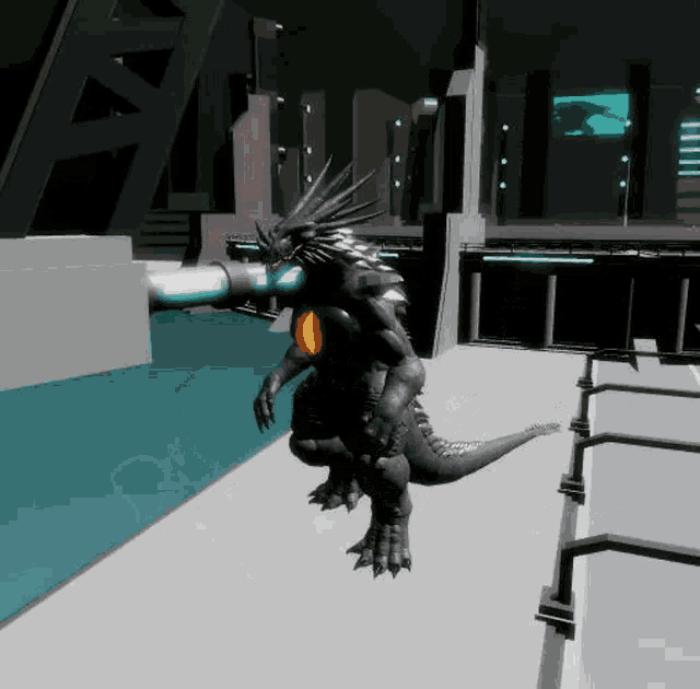 a 3d rendering of a monster in a video game is standing on a sidewalk .