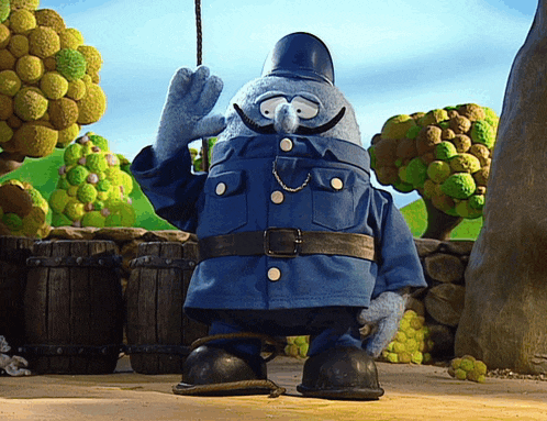 a cartoon character wearing a blue uniform with a black belt
