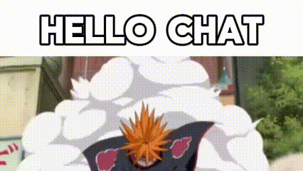 a cartoon character is standing in a cloud with the words `` hello chat '' written on it .