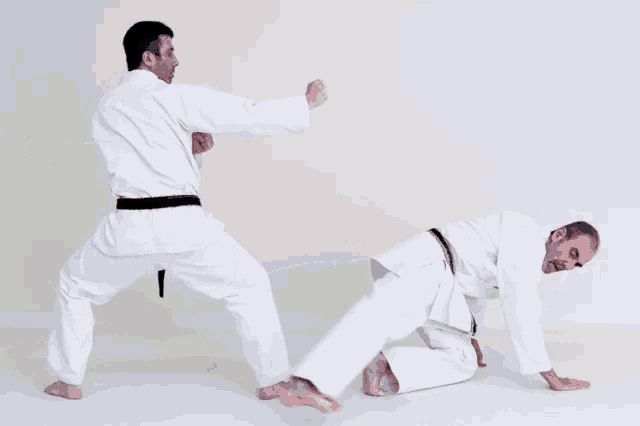 two men in white karate uniforms are practicing