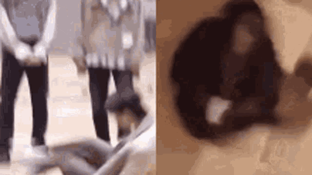 a blurry picture of a group of people standing next to each other and a close up of a person laying on the ground .