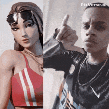 a man and a woman are standing next to each other with pixverse.ai written on the bottom