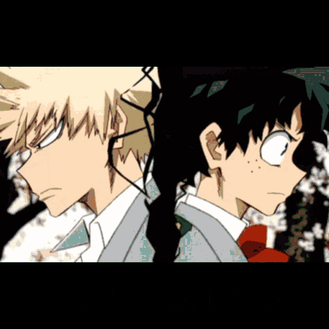 two anime characters are standing next to each other and looking at the camera