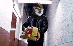 a person wearing a cat mask is carrying a bag of chips .