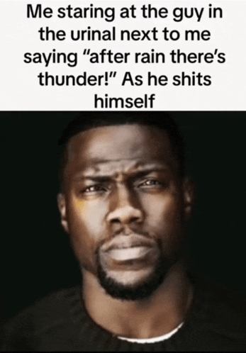 a man with a beard is staring at the guy in the urinal next to me saying after rain there 's thunder ! "