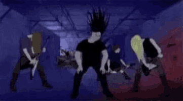 a group of cartoon characters are playing instruments in a room .