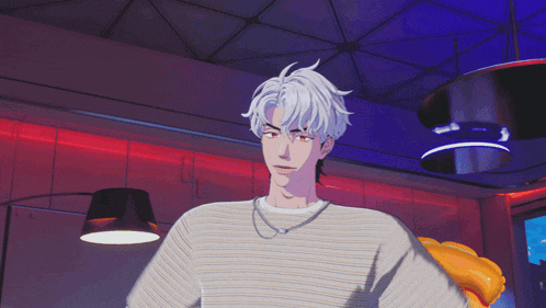 a cartoon character with white hair and red eyes is standing in a room