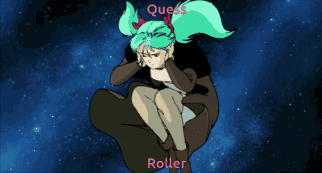 a cartoon of a girl with green hair and the words quess roller on the bottom