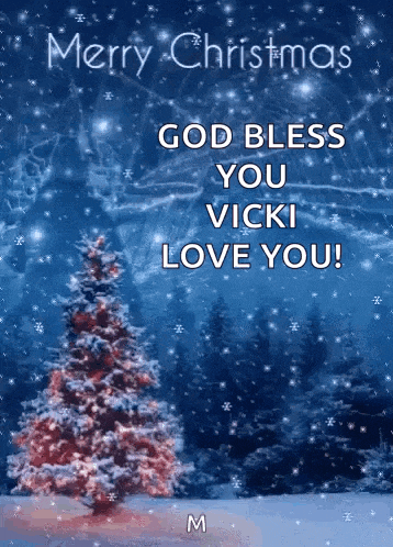 a merry christmas card with a christmas tree in the background