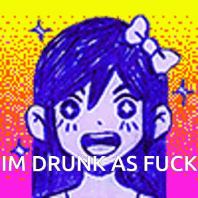 a drawing of a girl with blue hair and a bow on her head with the words `` im drunk as fuck '' .