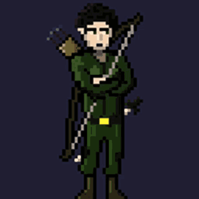 a pixel art of a man in a green suit holding a bow and arrow