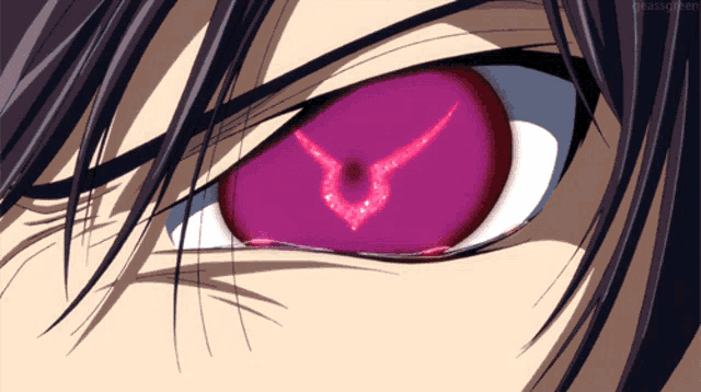 a close up of a person 's eye with a purple symbol in the center