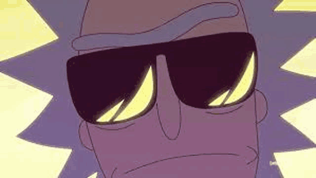 rick from rick and morty is wearing sunglasses and making a face .
