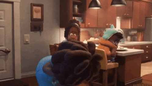 a couple of cartoon characters are sitting in a kitchen