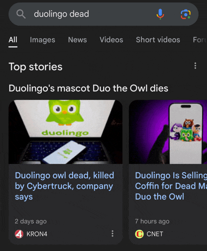 a google search for duolingo dead shows a laptop and a phone