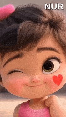 a cartoon girl with a heart painted on her cheek is winking .