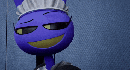 a blue cartoon character wearing a maid outfit and sunglasses