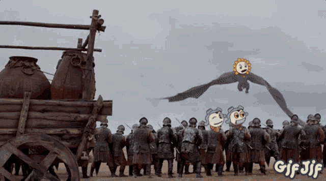 a gif of a dragon flying over a group of soldiers with the gif jif written on the bottom