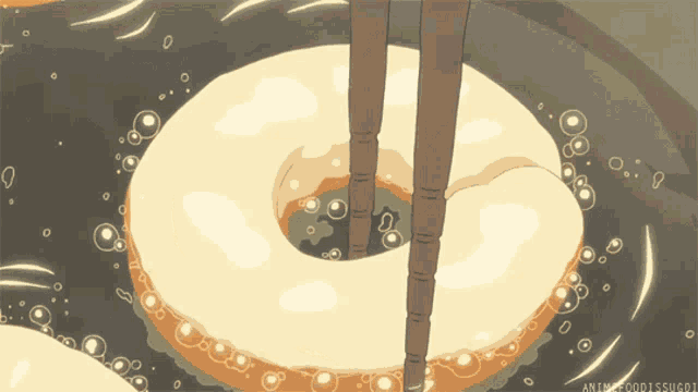 a cartoon drawing of a donut being eaten with chopsticks and the words anime foodissugoi on the bottom