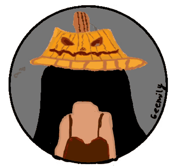 a drawing of a woman wearing a pumpkin hat with the name geemily written below it