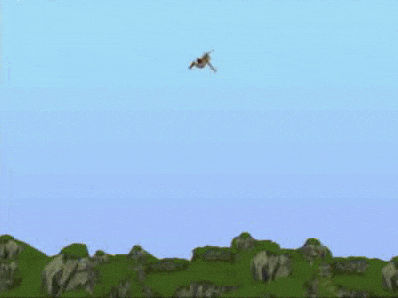 a cartoon dragon is flying over a grassy hillside