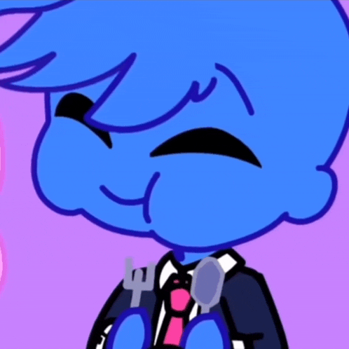 a blue cartoon character in a suit and tie holding a fork and spoon