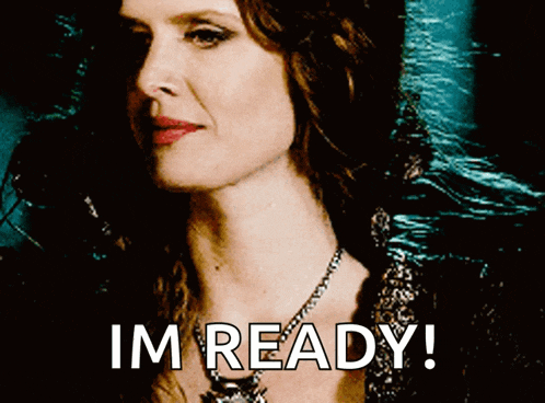 a woman says i 'm ready in front of a blue background