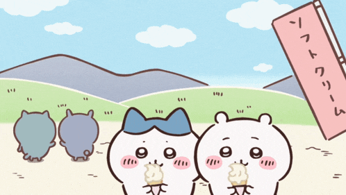 a couple of cartoon characters eating ice cream with a star in the background