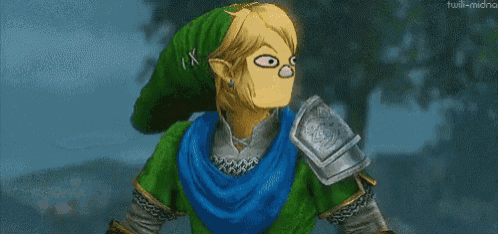 a cartoon of link with a yellow face and a blue scarf around his neck
