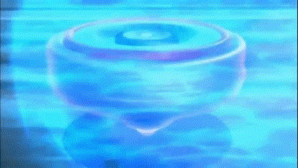 a blue spinning top with a red rim is spinning in the water .