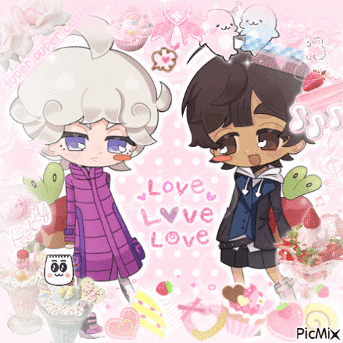 a couple of cartoon characters are standing next to each other with the words love love love written on the bottom