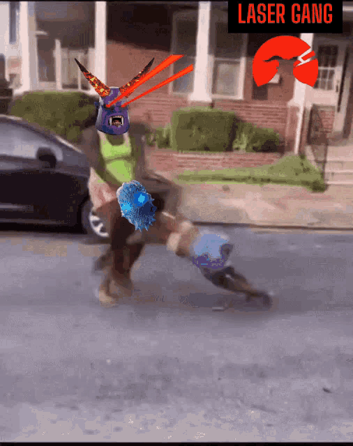 a picture of a person running down a street with the words laser gang on the bottom right