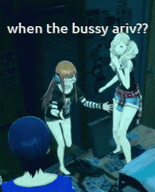 a couple of anime girls standing next to each other with the caption when the bussy ariv ?