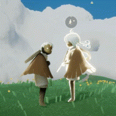 a couple of people standing next to each other in a field with a cloud in the background .
