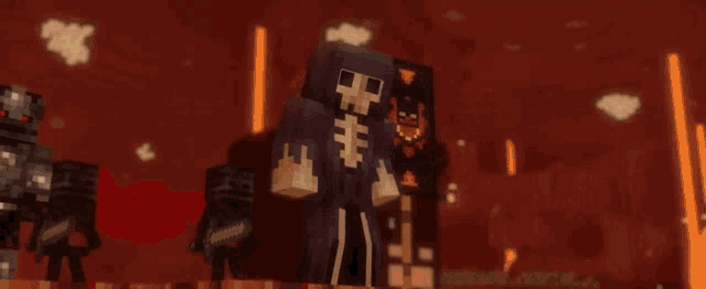 a minecraft character with a skeleton costume is standing in a dark area