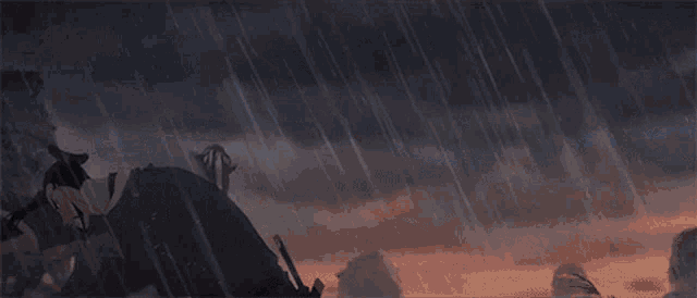 a person is holding a sword in the rain with a lightning bolt behind them
