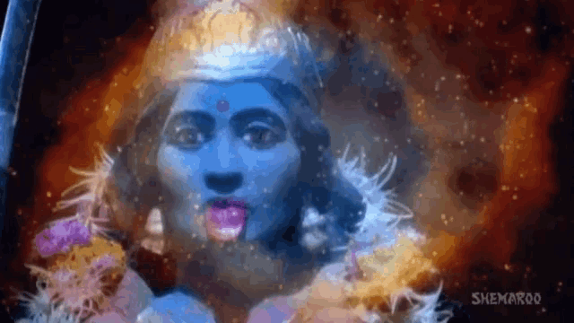a painting of a woman with a blue face and a crown on her head .