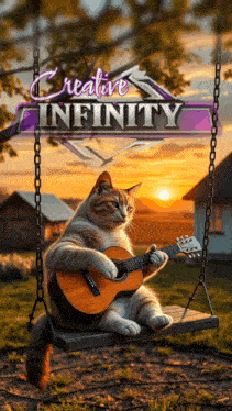 a cat is sitting on a swing playing a guitar and the words creative infinity are above it