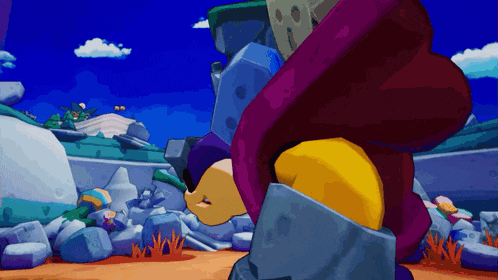 a cartoon character is standing on a pile of rocks in a video game