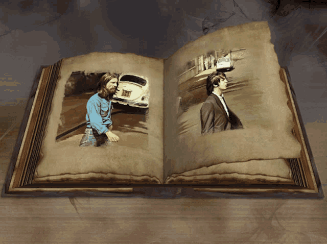 a book is open to a page with a man and a car