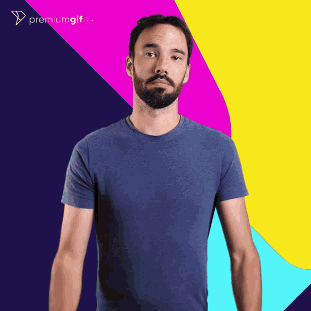 a man in a blue t-shirt stands in front of a colorful background that says premiumgif.com on it