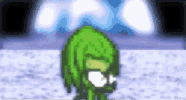a pixel art of a person with green hair and glasses