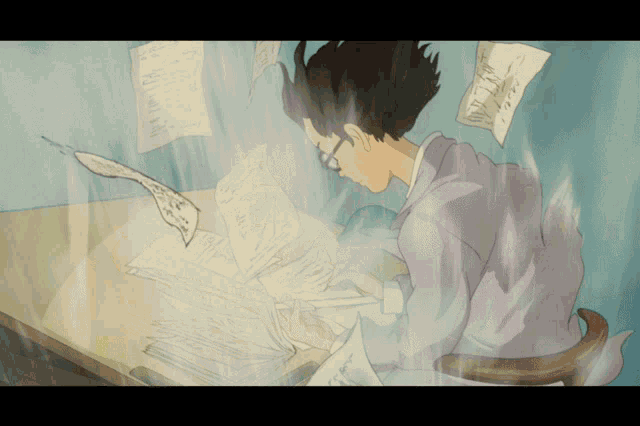 a cartoon of a man sitting at a desk with papers flying around him including one that says ' a '