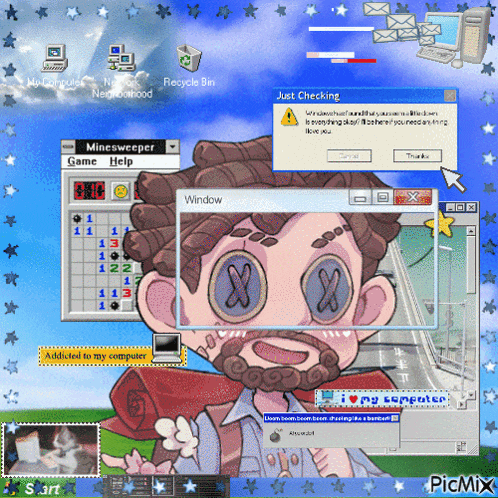 a computer screen with a cartoon character and a window that says just checking on it