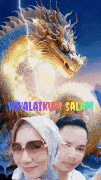 a picture of a man and a woman with a dragon in the background and the words waalaikum salam