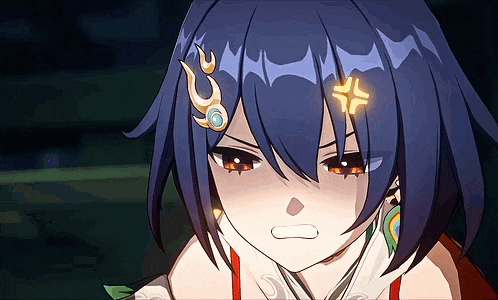 a close up of a girl with blue hair and a flame on her forehead