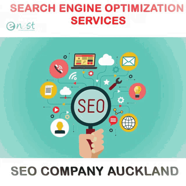 an advertisement for seo company auckland shows a hand holding a magnifying glass with the word seo on it