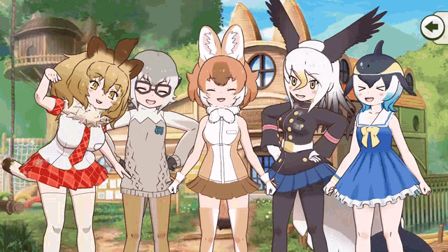 a group of anime characters are standing next to each other in front of a building