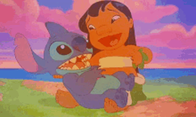 a cartoon girl is hugging a stuffed animal while sitting on the beach .